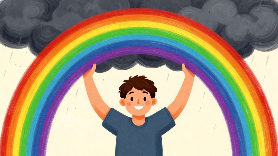Illustration of a smiling person turning a dark cloud into a rainbow, symbolizing changing bad luck into good, detailed background, vibrant colors, illustrated style