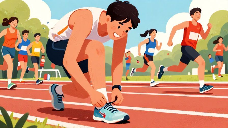 Illustration of a smiling person tying their shoelaces, preparing to run a race, with a cheering crowd in the background, vibrant colors, illustrated style