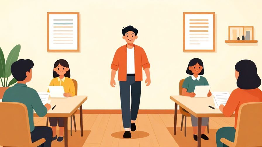 Illustration of a smiling person walking confidently into an interview room, bright and lively colors