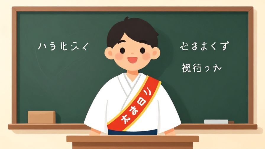 Illustration of a smiling person wearing a beginner’s sash, standing in front of a classroom chalkboard with simple Japanese words, bright and inviting colors