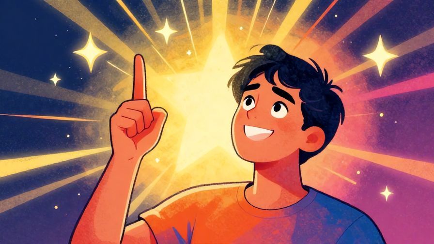 Illustration of a smiling person with a determined expression pointing upward, surrounded by stars and light rays, vibrant colors, illustrated style