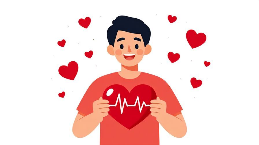 Illustration of a smiling person with a heart beating quickly, surrounded by small heart icons and movement lines, bright colors