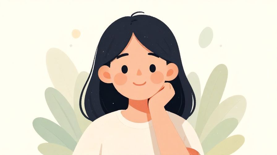 Illustration of a smiling person with a slight shrug, soft natural background, gentle colors