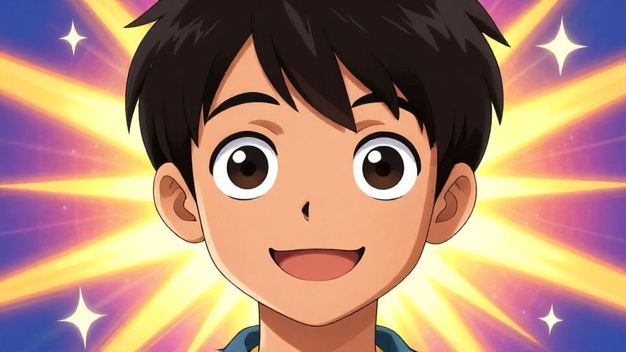 Illustration of a smiling person with big determined eyes and bright energy radiating, colorful background with stars