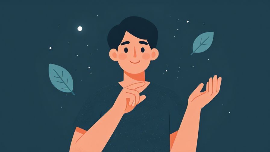 Illustration of a smiling person with gentle hand gestures, surrounded by floating leaves and soft dots