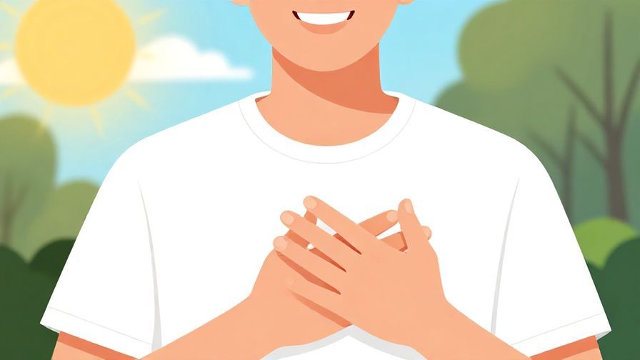 Illustration of a smiling person with hands on chest, casual outdoor setting with sunshine