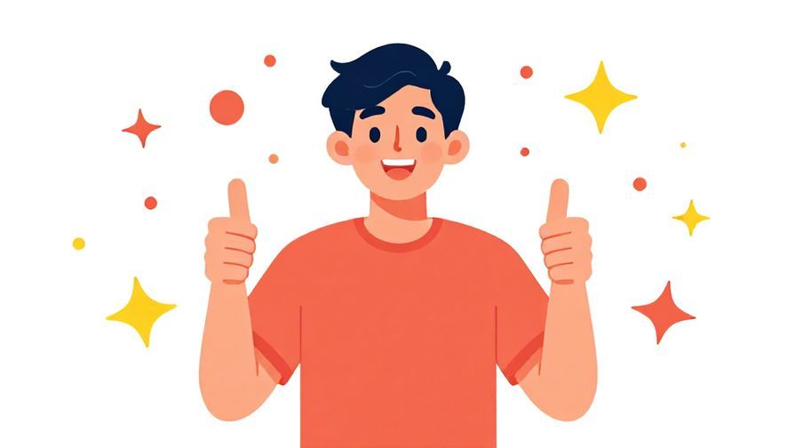 Illustration of a smiling person with thumbs up, surrounded by soft dots and stars, bright cheerful colors