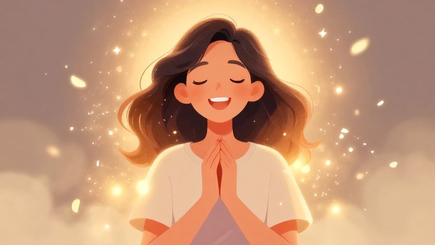 Illustration of a smiling woman with hands clasped in joy, surrounded by soft glowing lights and floating petals, gentle and warm atmosphere