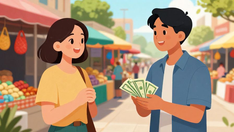 Illustration of a smiling young adult holding cash, asking a street vendor warmly with colorful market stalls behind