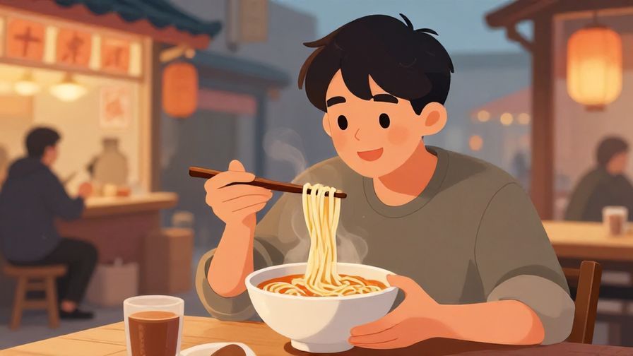 Illustration of a smiling young man enjoying a bowl of noodles, with a cozy street food stall in the background, warm evening colors