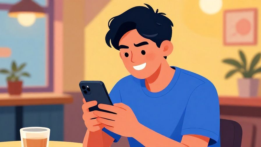 Illustration of a smiling young person holding a phone with a teasing expression, vibrant café scene