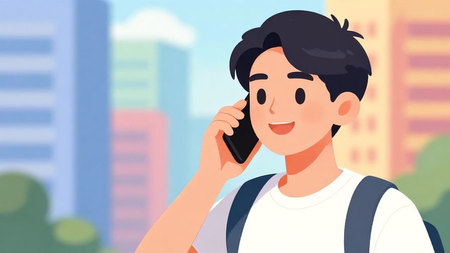Illustration of a smiling young person holding a phone near their ear with a friendly expression, colorful city background