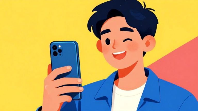 Illustration of a smiling young person holding a smartphone, giving a friendly wink, vibrant colors, illustrated style