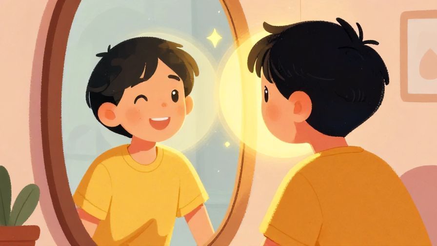 Illustration of a smiling young person looking in a mirror, seeing their reflection with a glowing aura, symbolizing personal change, vibrant colors, cozy room background