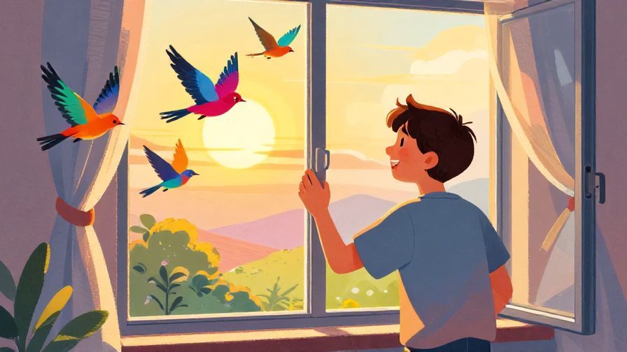 Illustration of a smiling young person opening a window to a bright sunrise, colorful birds flying in, vibrant colors, illustrated style