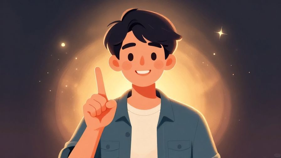 Illustration of a smiling young person pointing a finger gently as if giving a friendly warning, surrounded by soft glowing light and warm colors