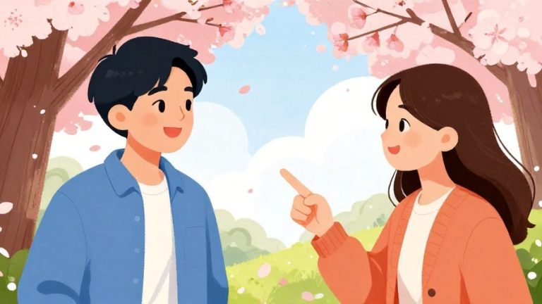 Illustration of a smiling young person pointing warmly at a friend with cherry blossoms in the background, vibrant colors, illustrated style