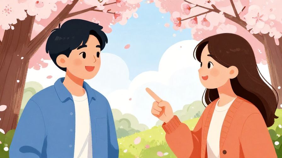 Illustration of a smiling young person pointing warmly at a friend with cherry blossoms in the background, vibrant colors, illustrated style