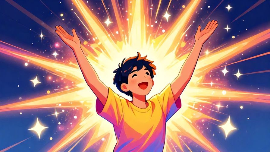 Illustration of a smiling young person throwing their arms up in joy, surrounded by sparkling light rays and stars, vibrant colors, illustrated style