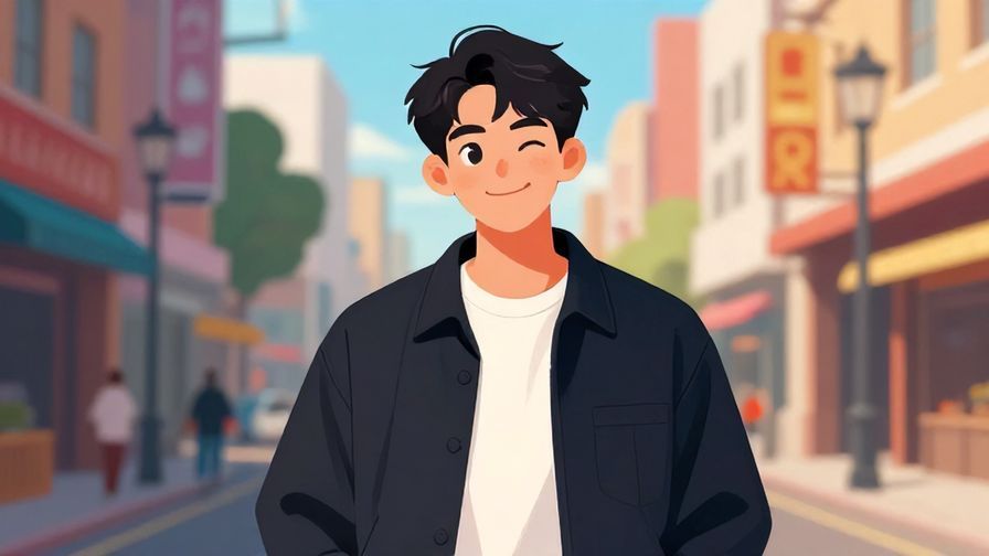 Illustration of a smiling young person with a playful wink, casual streetwear, vibrant urban background