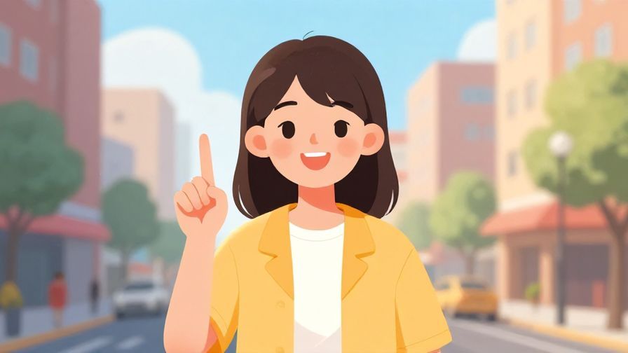 Illustration of a smiling young woman holding up one finger to signal “just a second,” with a bright city street background