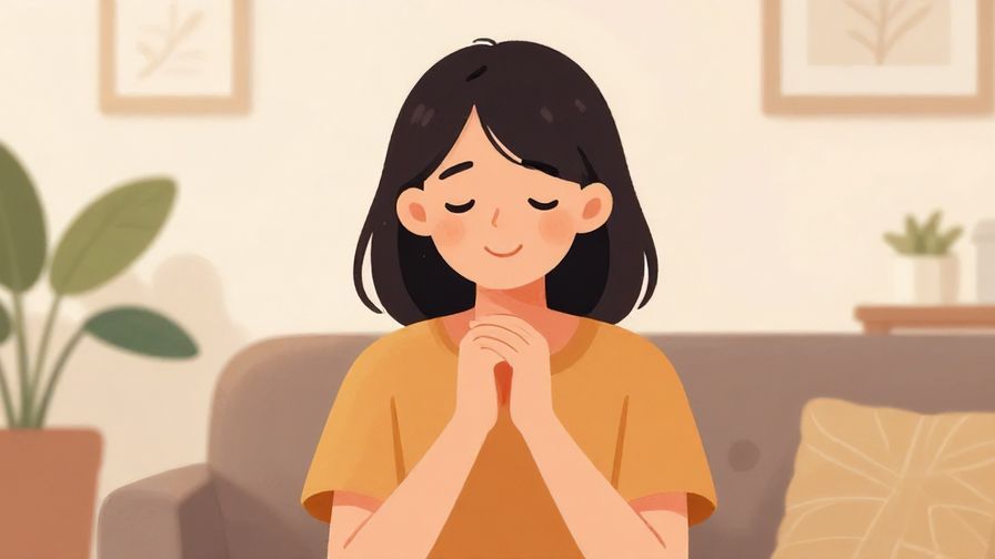 Illustration of a smiling young woman relaxed at home, expressing relief and gratitude