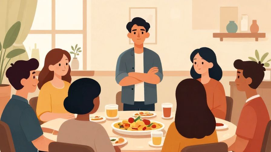 Illustration of a social gathering with one person standing apart looking serious, while others enjoy