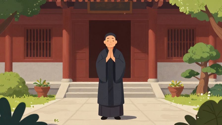 Illustration of a solemn character standing in a quiet temple garden, reflecting deep emotions