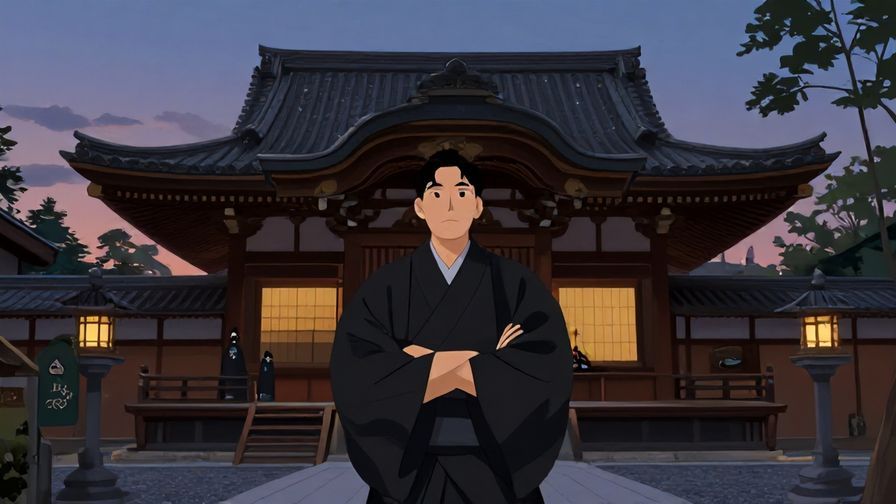 Illustration of a solemn character with crossed arms, standing in front of a traditional Japanese temple at dusk