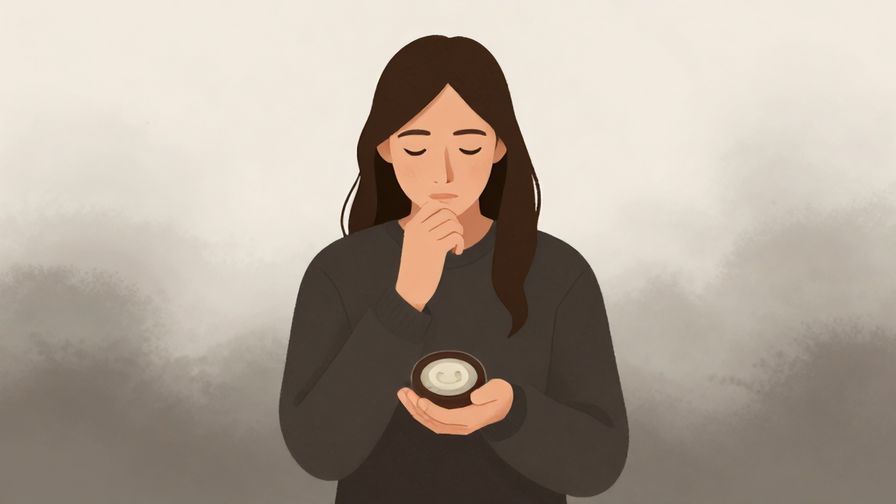Illustration of a solemn person holding a small keepsake, with a misty background, atmosphere of deep thought and quiet resolve