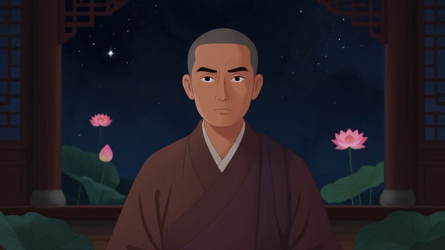 Illustration of a solemn person with a serious expression in a dimly lit traditional room, stars and lotus flowers in the background