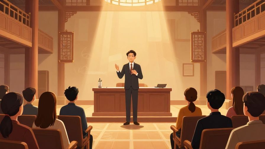 Illustration of a sophisticated person giving a speech with audience in a traditional hall, warm lighting