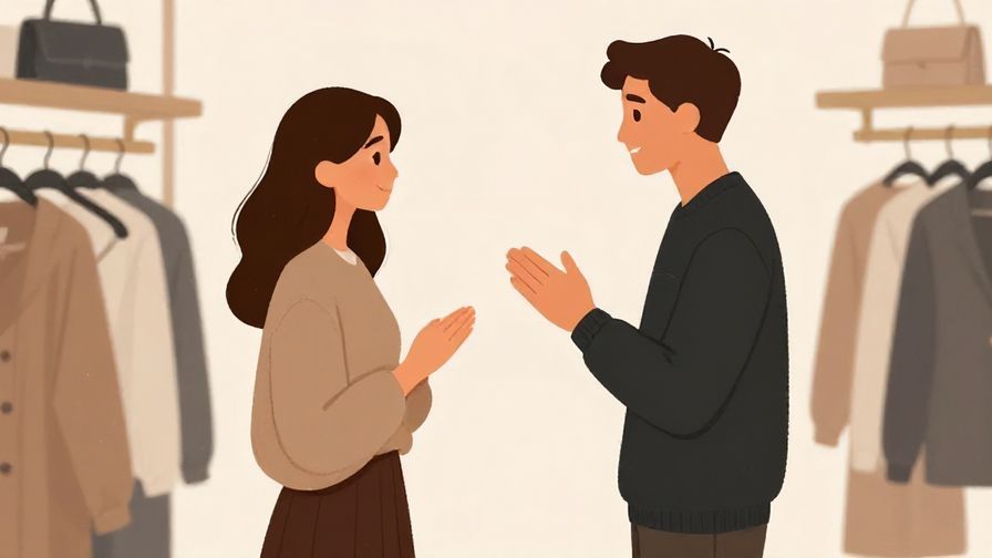 Illustration of a sophisticated shopper politely asking about slightly bigger sizes in a high-end clothing store, soft lighting