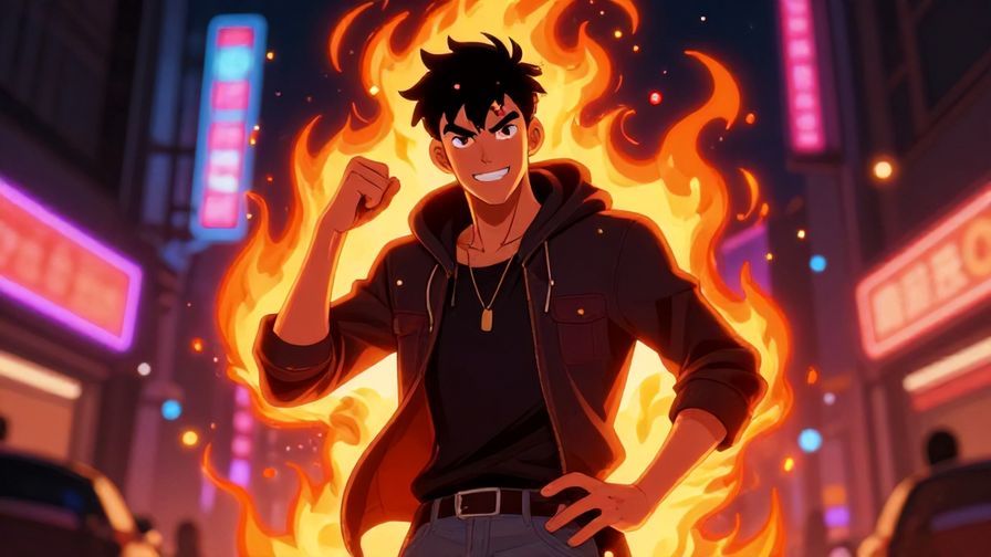 Illustration of a spirited character with a bold stance, fiery aura, urban night scene with neon lights