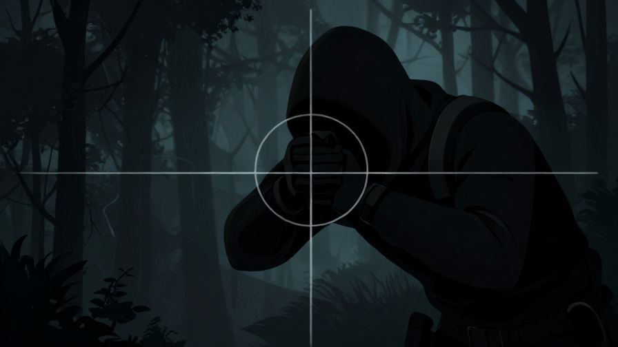 Illustration of a stealthy character peeking from shadows, with crosshairs subtly shown in the background
