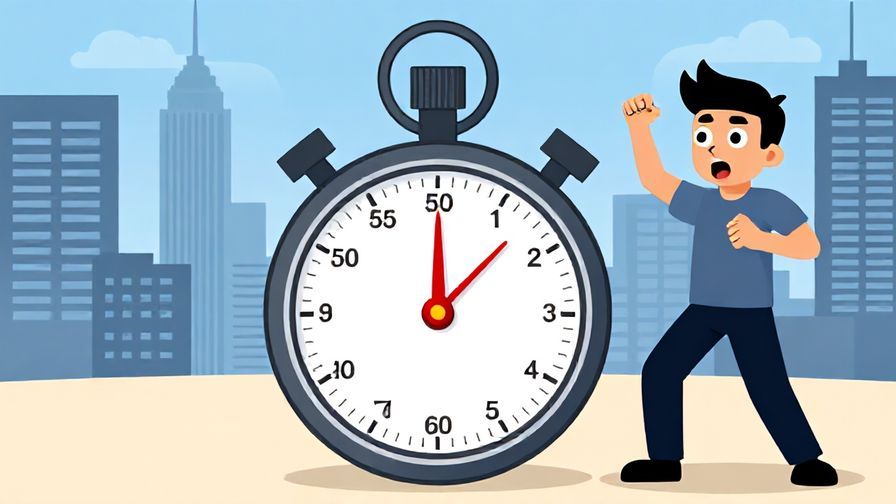 Illustration of a stopwatch flashing with a bold red alert icon, a character looking shocked, energetic cityscape background