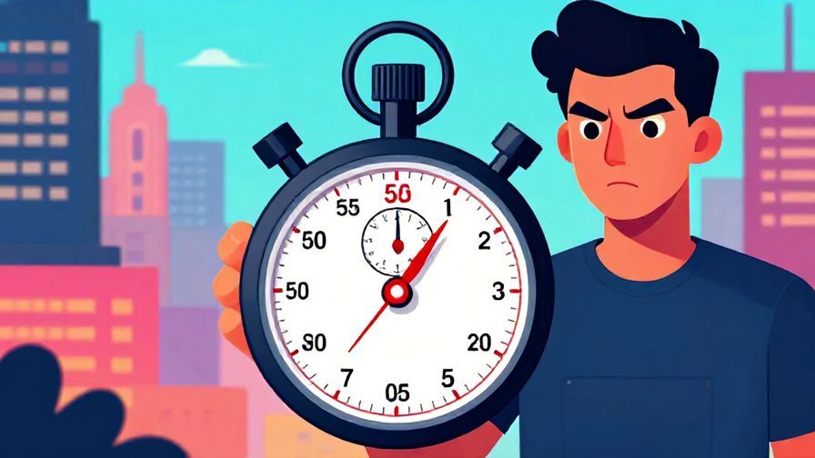 Illustration of a stopwatch with a bright red light flashing, and a character looking determined, stylized city background, vibrant colors