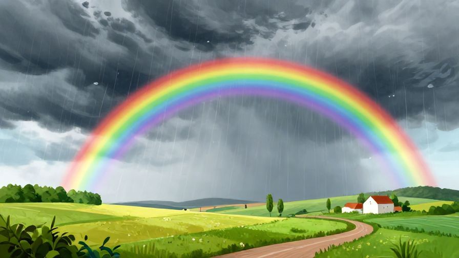 Illustration of a storm clearing over a countryside with a rainbow appearing, bright and hopeful atmosphere, illustrated style