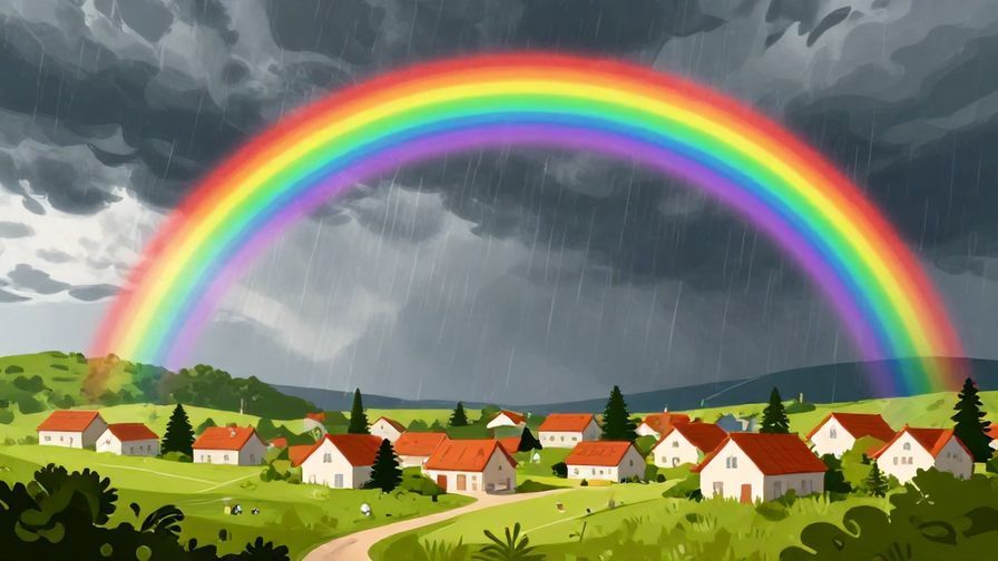 Illustration of a storm clearing to reveal a bright rainbow over a peaceful village, symbolizing relief after hardship, detailed background, vibrant colors, illustrated style