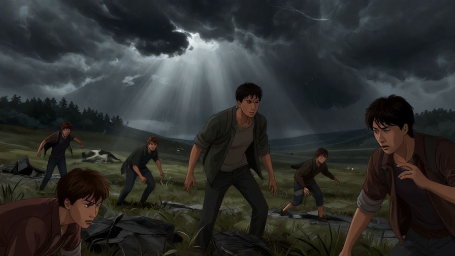 Illustration of a stormy landscape with people navigating obstacles, determined expressions, dramatic lighting