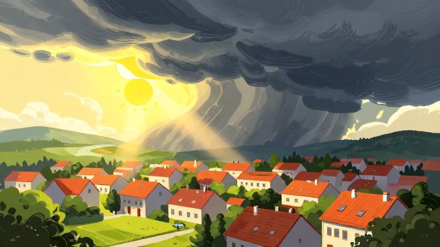 Illustration of a stormy sky clearing to reveal bright sunshine over a peaceful town, symbolizing hope after hardship, vibrant colors, illustrated style