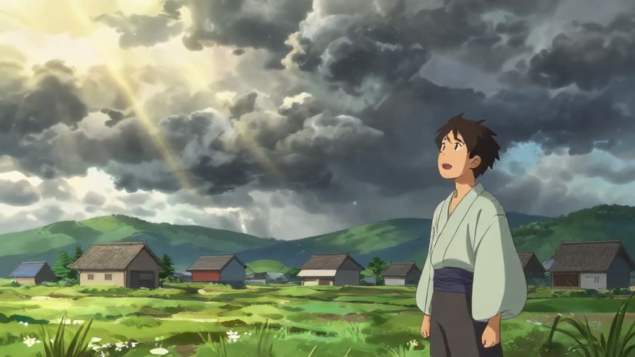 Illustration of a stormy sky clearing to sunshine over a Japanese village, symbolizing the balance of justice and karma, with a character looking hopeful
