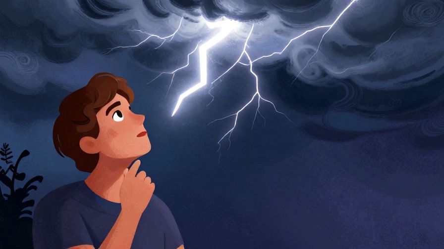 Illustration of a stormy sky with lightning striking as a metaphor for divine justice, a thoughtful figure looking up, vibrant colors, illustrated style