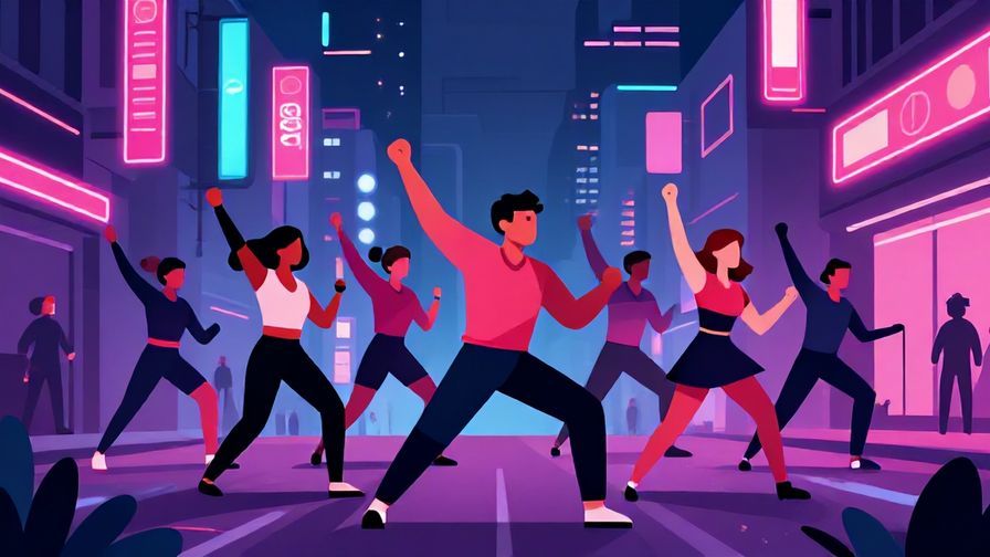 Illustration of a street scene with a group gearing up for a challenge, neon lights and dynamic poses