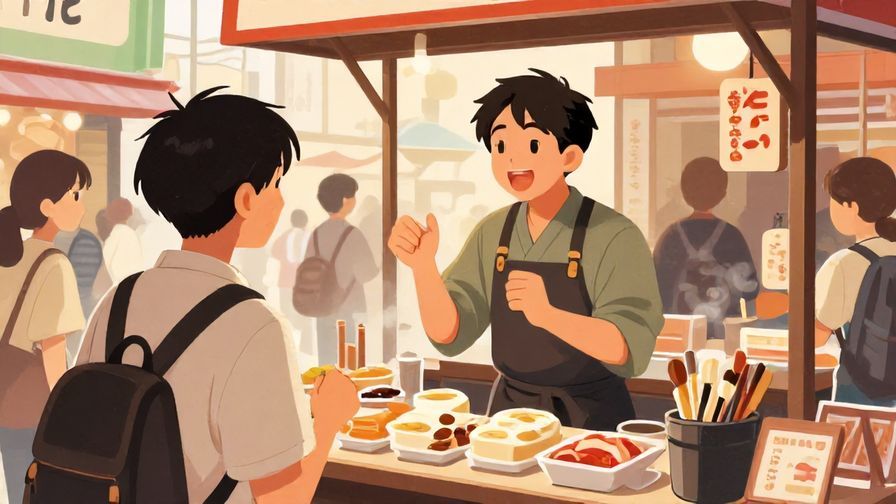 Illustration of a street vendor smiling and greeting customers warmly in an Osaka market setting