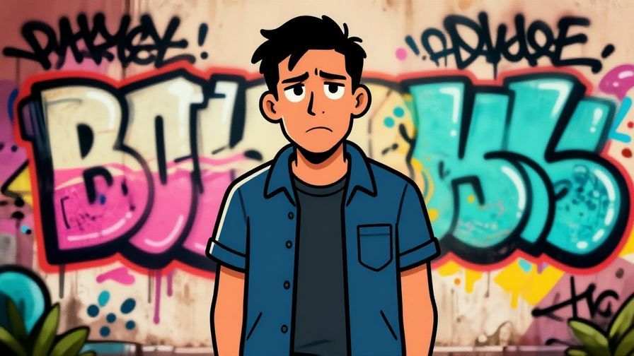 Illustration of a streetwise character with a frustrated look, graffiti wall background, bold colors, illustrated style