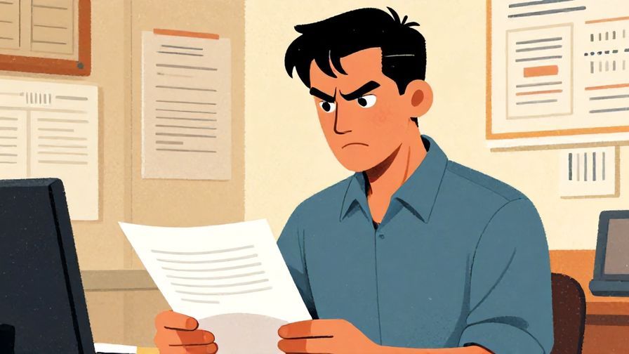 Illustration of a strict supervisor reviewing documents with a serious look, detailed background, vibrant colors, illustrated style