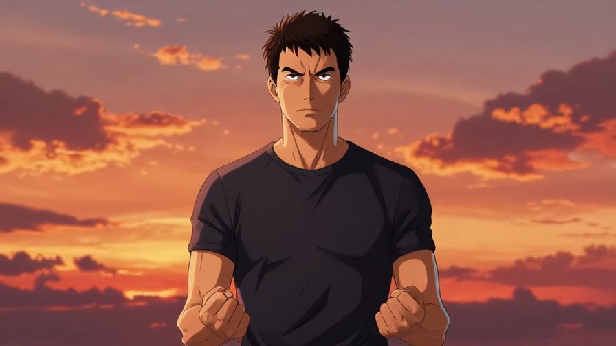 Illustration of a strong, self-assured man standing firmly with clenched fists, dramatic sunset background