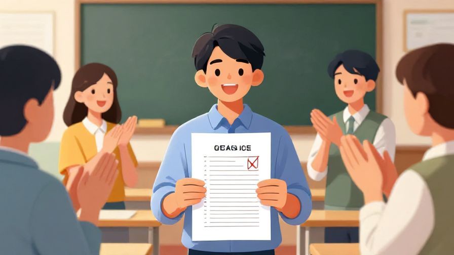 Illustration of a student happily holding a test paper with a passing mark, friends clapping around