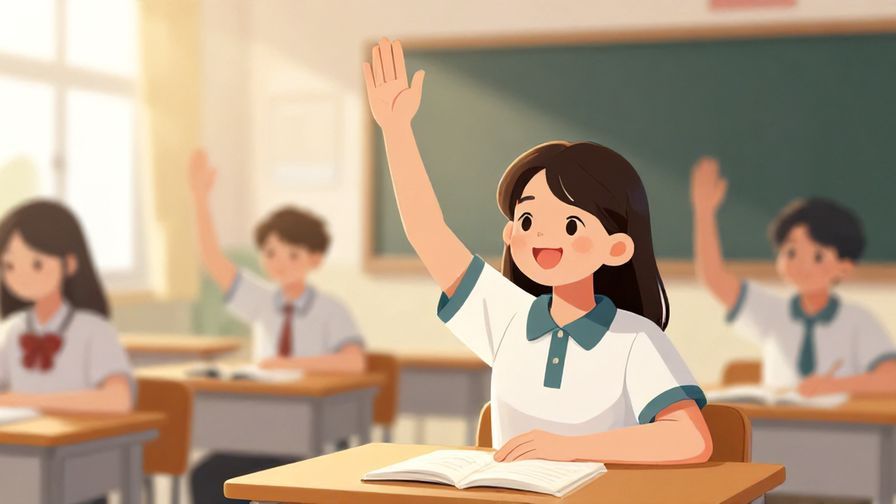 Illustration of a student happily raising their hand in a classroom setting, light rays shining softly, warm colors